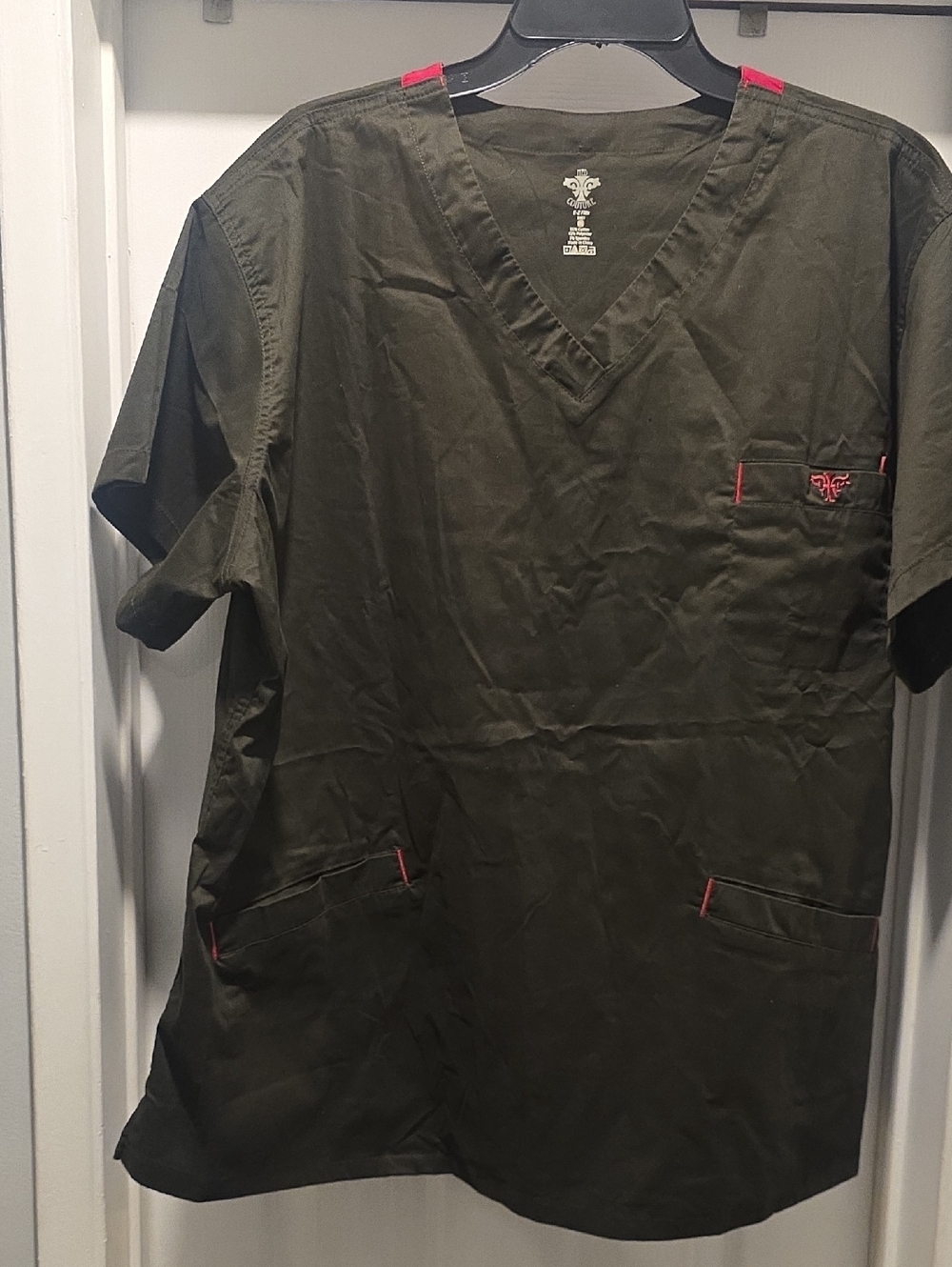 Med Couture Olive Green V-Neck Scrub Top with Pink Accent Trim